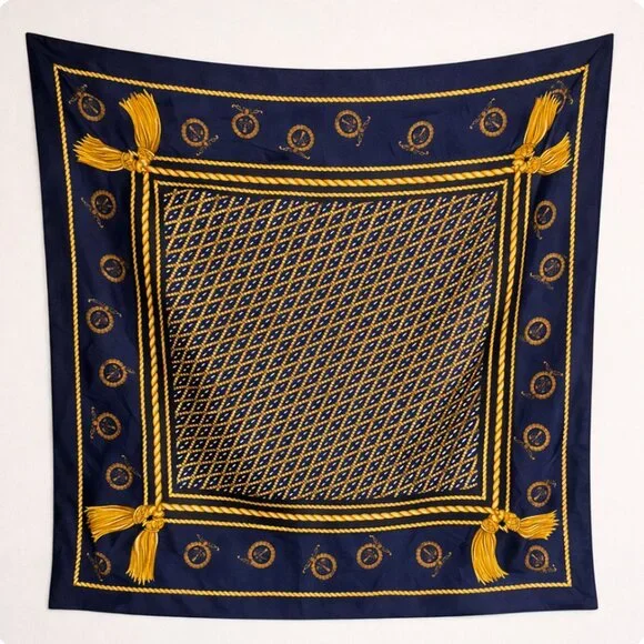 Vintage Berkshire Made in Italy Scarf | Navy Gold Tassel Print Square - Picture 1 of 7